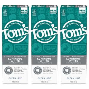 Tom's of Maine Natural Luminous White Toothpaste with Fluoride, Clean Mint, 4.7 oz. 3-Pack