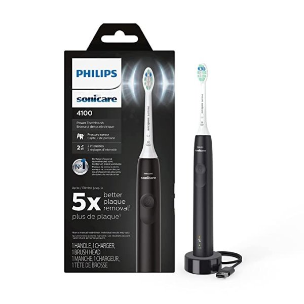 Sonicare 4100 Power Toothbrush, Rechargeable Electric Toothbrush with Pressure Sensor, Black HX3681/24