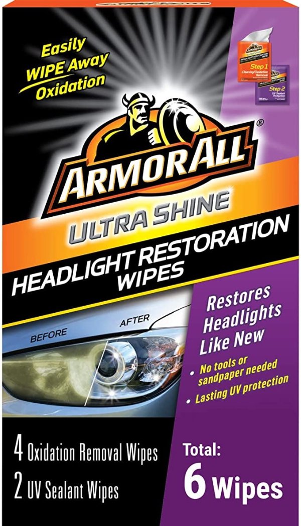 Car Headlights Cleaner Wipes by Armor All, Cleaning Wipes for Headlights for Cars, Trucks, Mortocycles, 6 Wipes Each