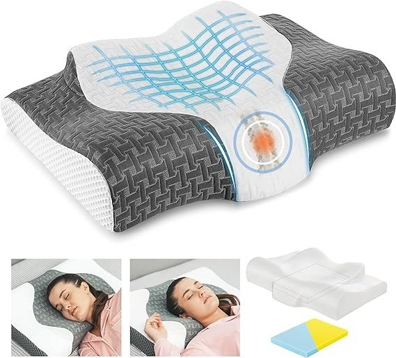Cervical Memory Foam Pillow, 2 in 1 Contour Orthopedic Support Pillows for Neck Pain, Adjustable Ergonomic Bed Pillow for Side, Back and Stomach Sleepers, Queen Size