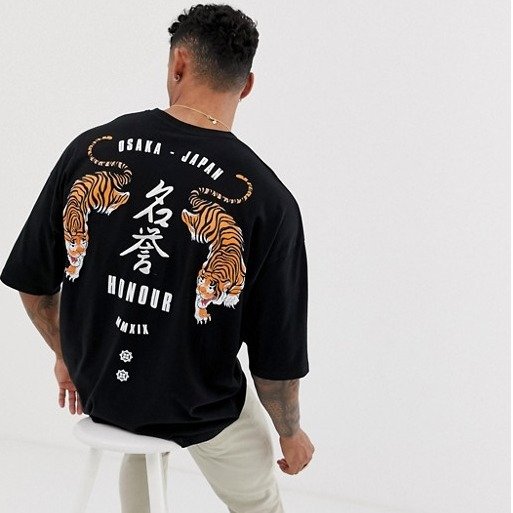 DESIGN oversized t-shirt with tiger print and japanese text embroidery |