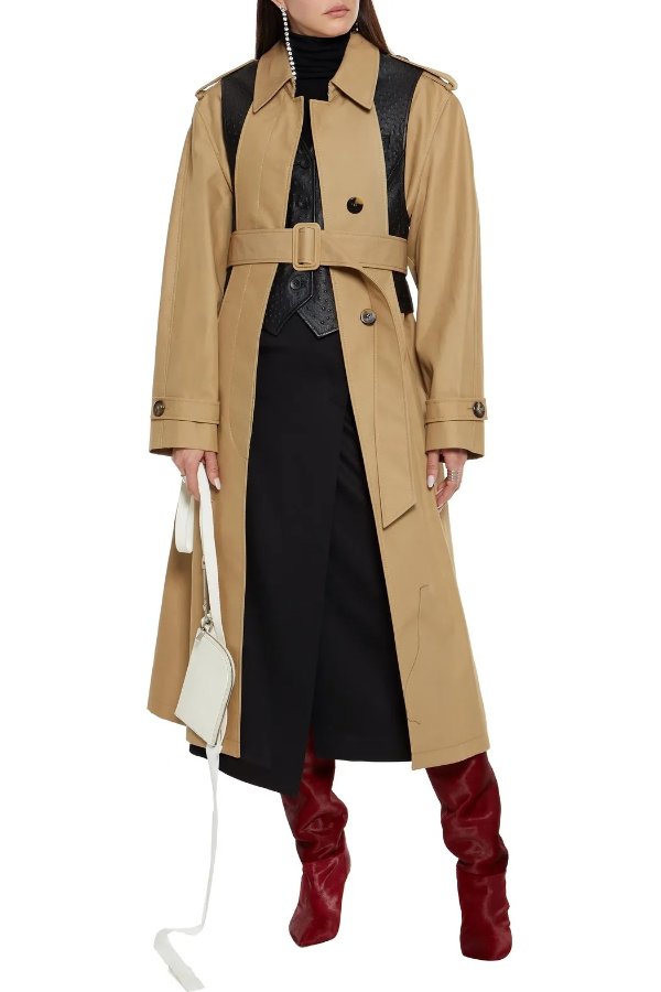 Ostrich-effect leather-paneled cotton-blend twill trench coat