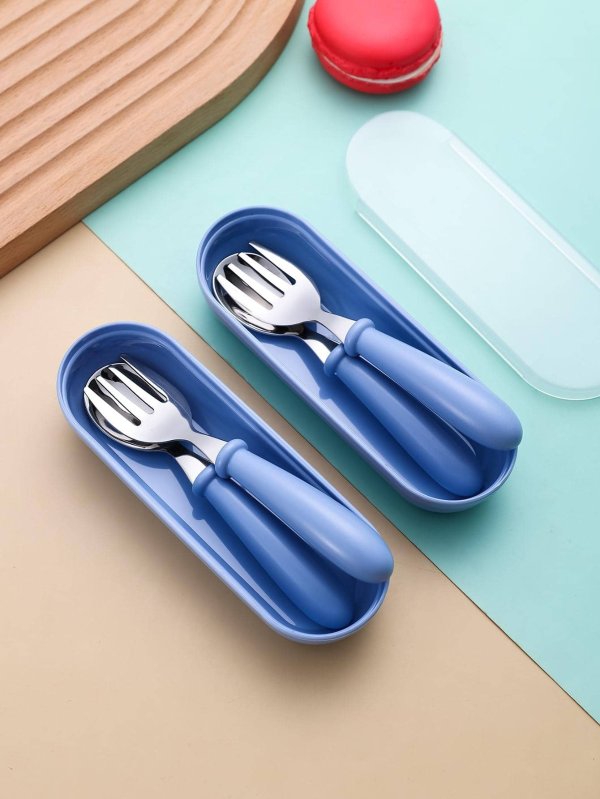 1pc Solid Color Blue Mini Portable Fork & Spoon, Modern Stainless Steel Dining Set For Household