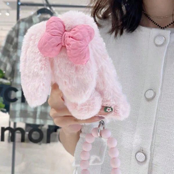 1pc Pink Plush Bowknot Bunny Phone Case With Hand Strap compatible with apple And Samsung Phones