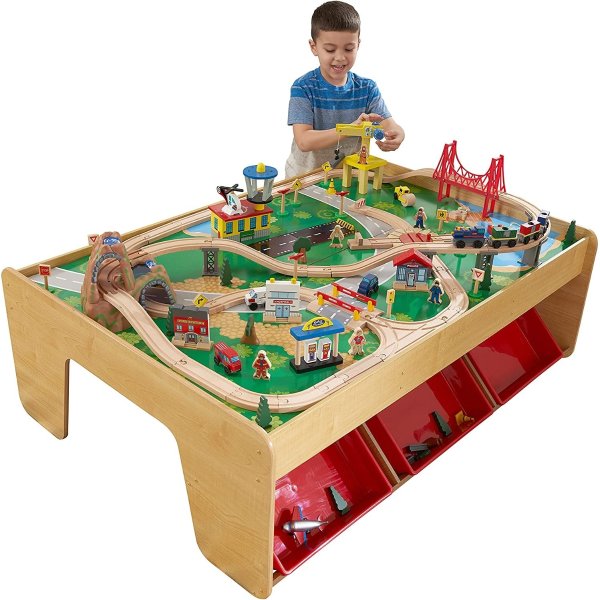 Waterfall Mountain Wooden Train Set & Table with 120 Pieces, 3 Storage Bins