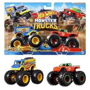 Hot Wheels Monster Trucks Demolition Doubles, Set of 2 Toy Trucks in 1:64 Scale, Two Monster Truck Character Vehicles with Giant Wheels