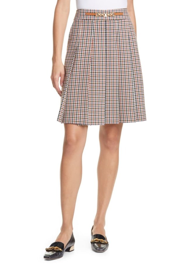 Plaid Buckle Detail Pleated Miniskirt