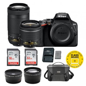 Nikon D3500 with AF-P 18-55mm VR and 70-300mm Lenses Plus 48GB Card Kit and Wide and Tele Bundle