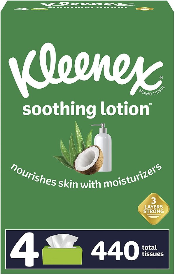 Soothing Lotion Facial Tissues with Coconut Oil, Aloe & Vitamin E, 4 Flat Boxes, 110 Tissues Per Box (440 Total Tissues)