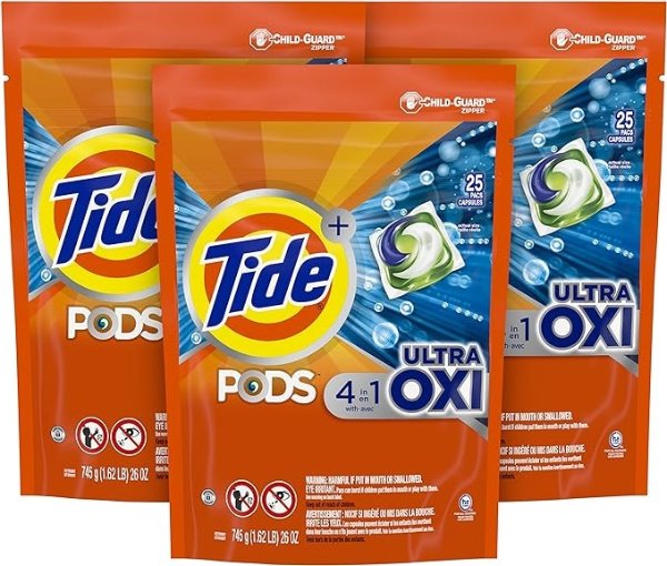 PODS Liquid Laundry Detergent Soap Pacs, 4-in-1 Ultra Oxi, HE Compatible, 3 Bag Value Pack, 75 Count