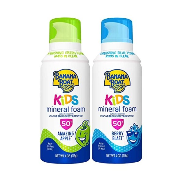 Kids Vanishing Color, Amazing Apple and Berry Blast Reef Friendly Broad Spectrum Mineral Sunscreen Foam Twin Pack, SPF 50, 4oz. Each