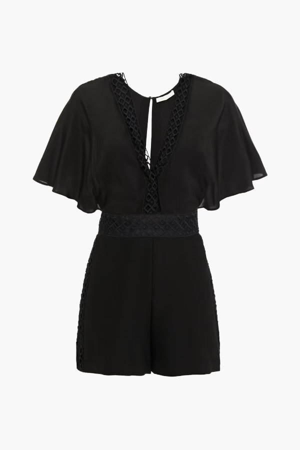 Idelle lace-trimmed twill and silk crepe de chine playsuit
