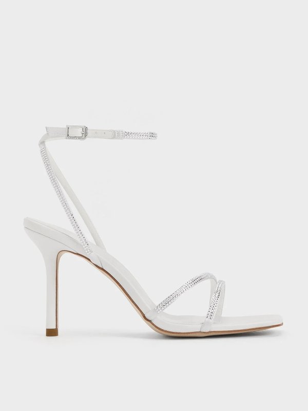 Satin Crystal-Embellished Stiletto-Heel Sandals - White