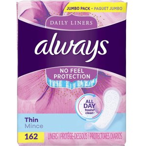 Always Thin Dailies Liners, Unscented, Wrapped, 162 Count