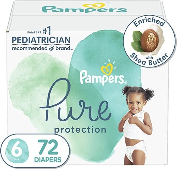 Diapers Size 6, 72 Count - Pampers Pure Protection Disposable Baby Diapers, Hypoallergenic and Unscented Protection, Enormous Pack