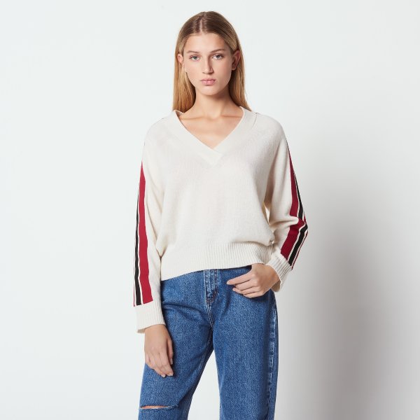 V-neck sweater with contrasting bands
