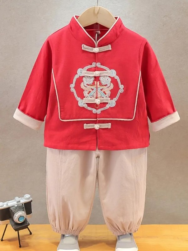 2pcs Boys Chinese Traditional Antiquity Tang Long Sleeve Stand Collar Embroidered Top And Pants Performance Costumes Set Kids Clothes Chinese Size Please Check The Size Guide Carefully | Shop The Latest Trends | Temu