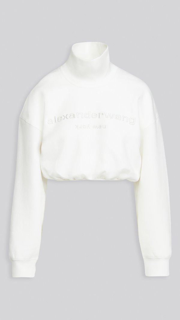 Cropped Mock Neck Sweatshirt with Embroidery