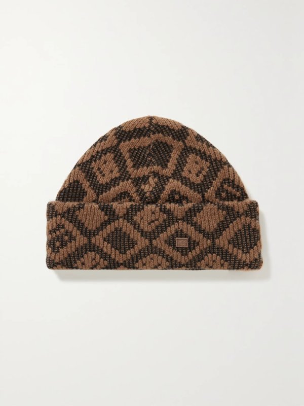 Appliqued cotton and wool-blend jacquard beanie