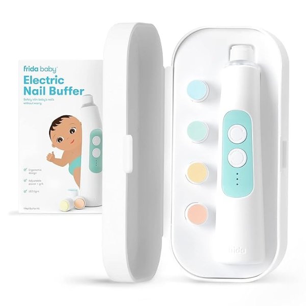 Frida Baby Electric Nail Buffer | Safe + Easy Baby Nail File, Baby Nail Clippers + Nail Trimmer Kit for Newborn, Toddler, or Children's Fingernails/Toenails, 4 Buffer Pads, LED Light, Storage Case