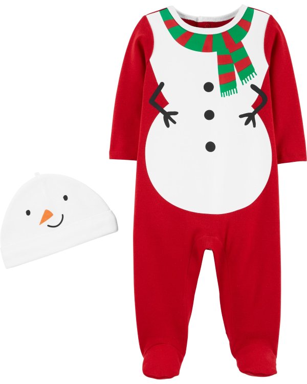 婴儿圣诞雪人连体衣+帽子套装