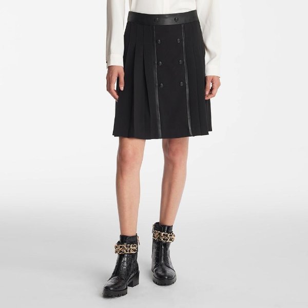PLEATED FAUX LEATHER TRIM SKIRT