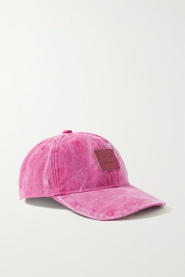 Leather-trimmed distressed cotton-canvas baseball cap