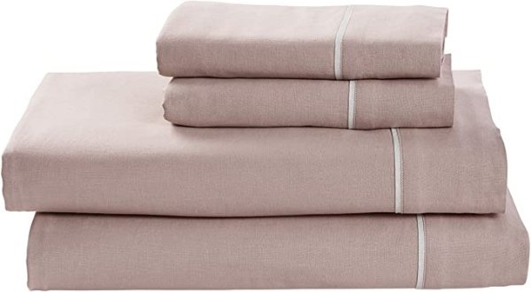 Amazon Brand – Rivet Contrast Hem Breathable Cotton Linen Bed Sheet Set, Full, Lilac / White