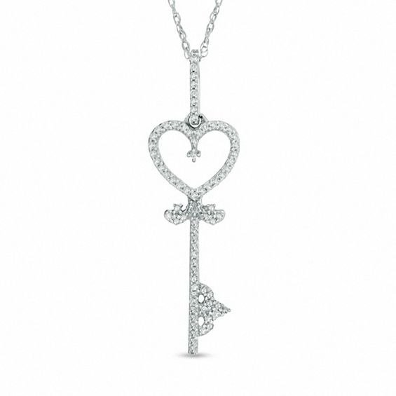 1/8 CT. T.W. Diamond Heart-Top Key Pendant in 10K White Gold|Zales
