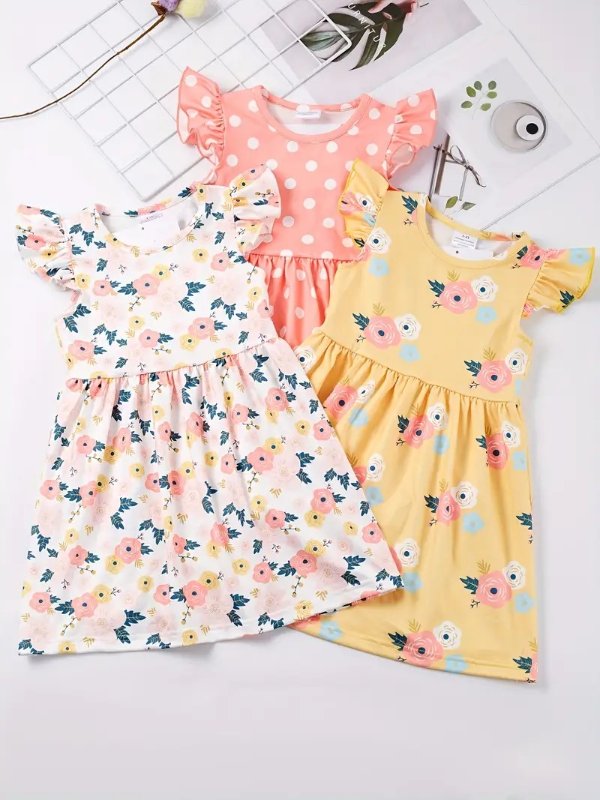 3pcs Sweet Girls Flora Print Flutter Trim Sleeveless Dress Summer Clothes Baby/toddler Girls