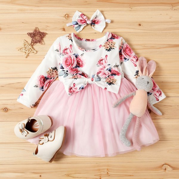 2-piece Baby / Toddler Girl Floral Print Bowknot Decor Long-sleeve Tulle Dress with Headband Set (No Shoes )