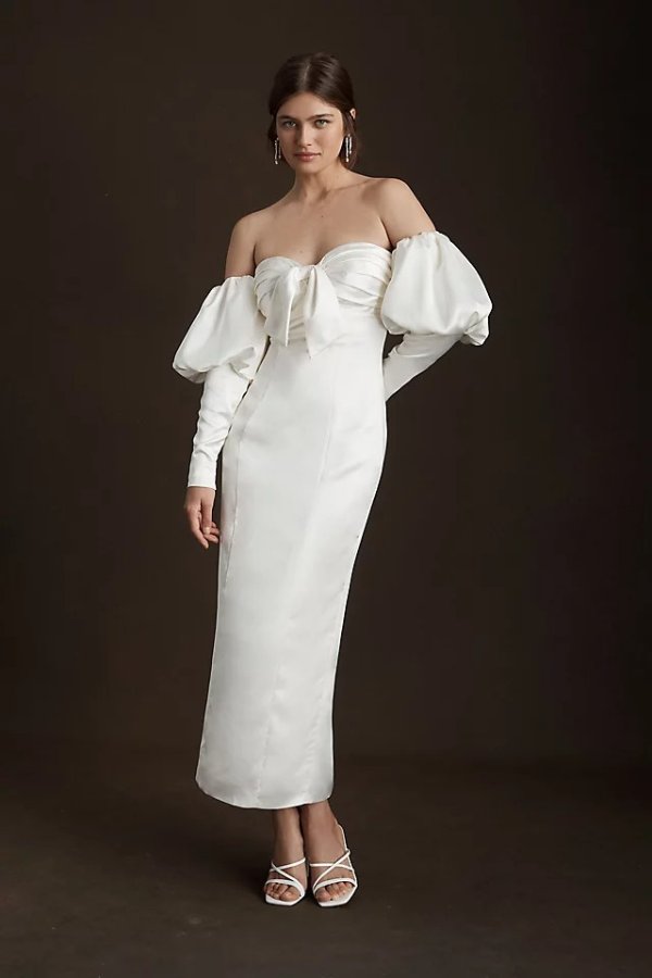 Amanda Off-Shoulder Puff-Sleeve Back-Slit Slim Midi Dress