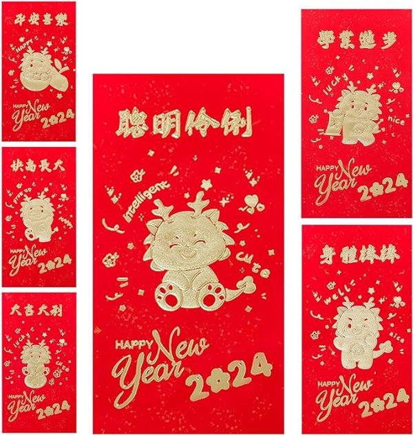 18 Pack Large Size 2024 Year of the Dragon Red Envelopes for Spring Festival, 6 Design Heavy Duty Chinese New Year Red Envelopes for New Year Decor Best Bless Presents, 3.5 x 6.7IN Red Packet