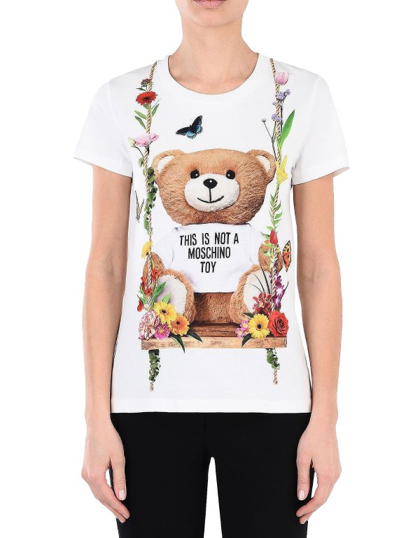 Teddy Bear Print White Cotton Women's T-Shirt