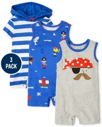 Baby Boys Short Sleeve And Sleeveless Pirate Print And Striped Knit Romper 3-Pack | The Children's Place