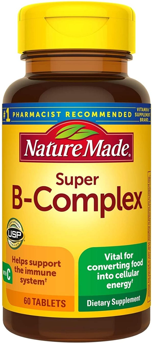 Super B Complex with Vitamin C and Folic Acid, Dietary Supplement for Cellular Energy Support, 60 Tablets, 60 Day Supply