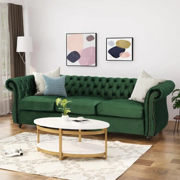 Sommerville Emerald Velvet 3-Seater Chesterfield Sofa with Flared Arms