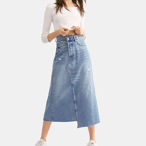 Cotton Asymmetrical Denim Midi Skirt