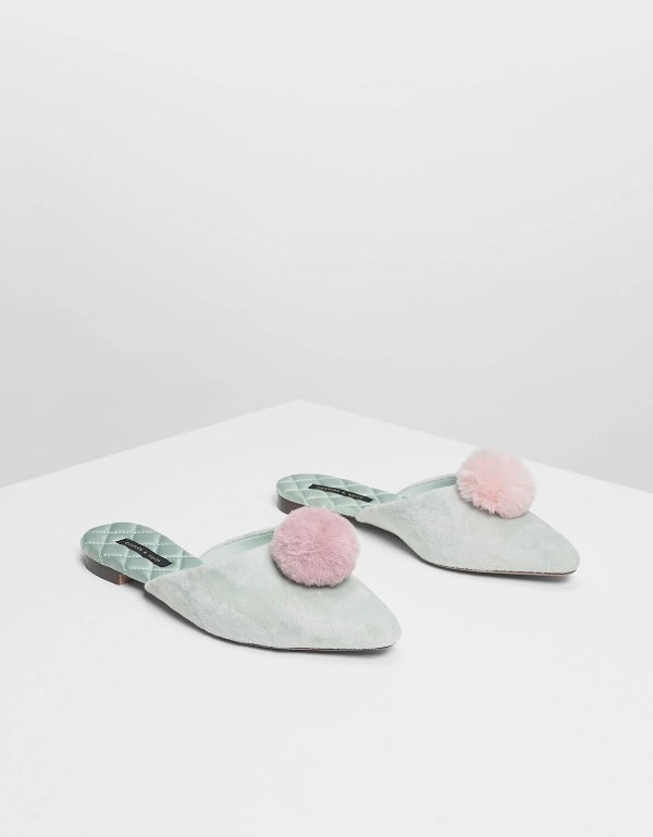 Mint Green Furry Pointed Pom Pom Slip Ons | CHARLES & KEITH