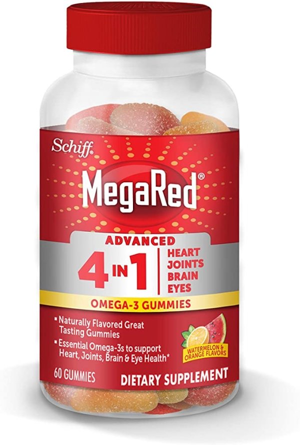 Omega-3 Advanced 4in1 Watermelon & Orange Flavored Gummies, MegaRed (60 Count in A Bottle), Omega-3s for Heart, Joints, Brain & Eye Health*, EPA, DHA, Fish Oil
