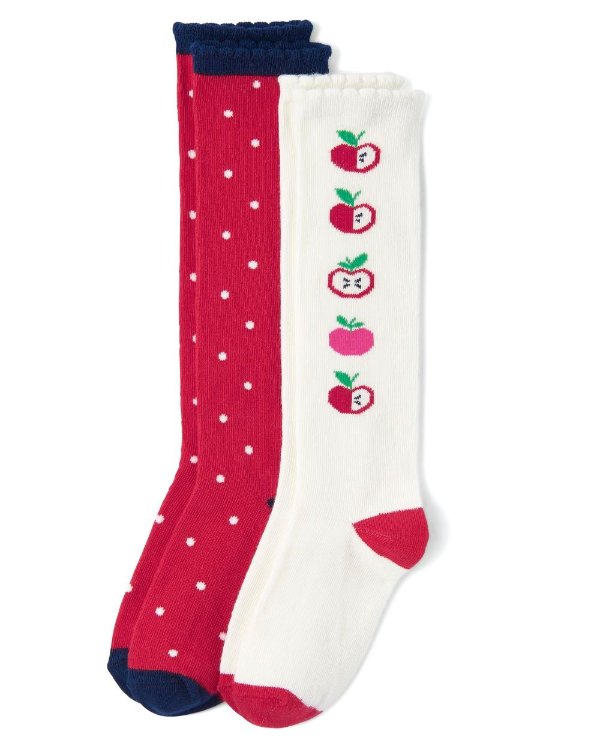 Girls Apple And Solid Knee Socks 2-Pack - Candy Apple