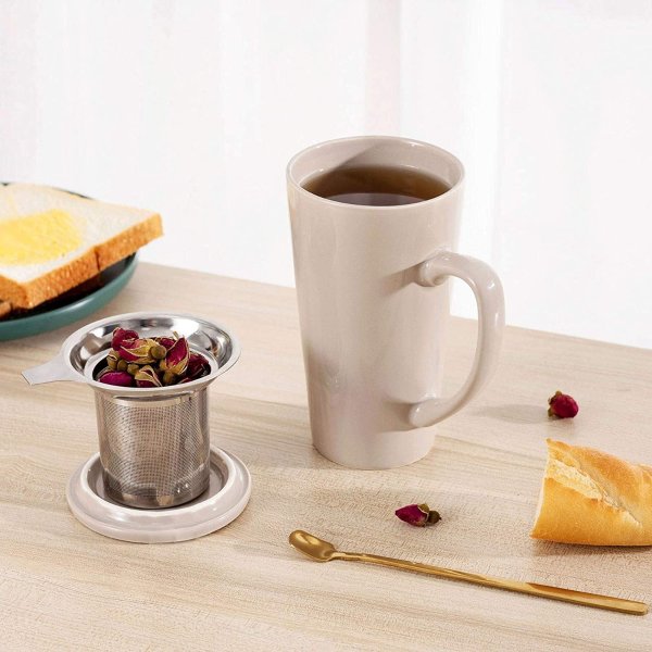 Tea Cups with Infuser and Lid, Tea Infuser, Tea Filters 19 Oz Large Ceramic Tea Mug, Tea Strainer Cup with Tea Bag Holder for Loose Tea, Porcelain Tea Steeping Mug Grey