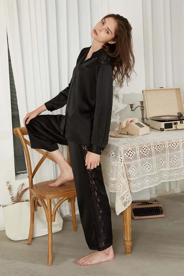 Lace-trimmed Silk Satin Pajama Set-Black