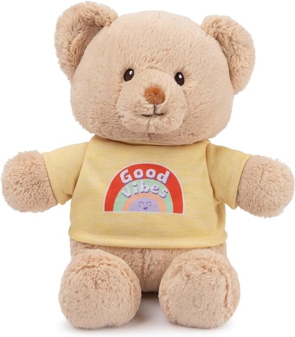 “Good Vibes” Sustainable Message Bear with Yellow T-Shirt, Teddy Bear Made from 100% Recycled Materials for Ages 1 and Up, Tan, 12”