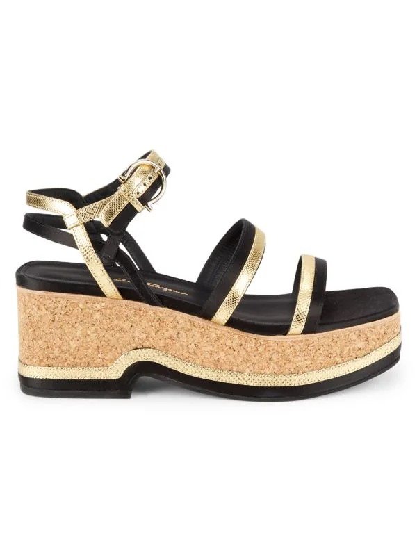 Two Tone Silk & Lizard Embossed Leather Sandals