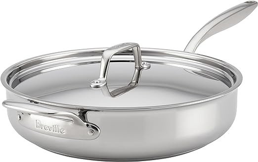 Clad Stainless Steel Saute Pan / Frying Pan / Fry Pan with Lid and Helper Handle - 5 Quart, Silver