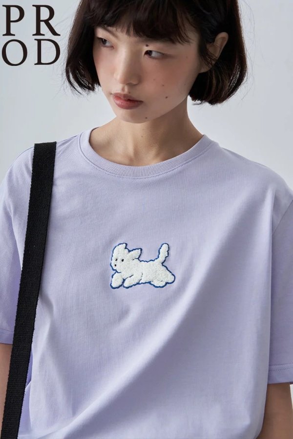 Dog Plush Embroidered Short Sleeve Petite Fit T-Shirt / Purple