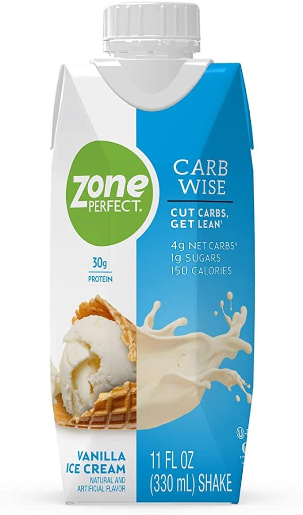 ZonePerfect Carb Wise High-Protein Shakes, Vanilla Ice Cream Flavor, for A Low Carb Lifestyle, with 30g Protein, 11 fl oz, 12 Count