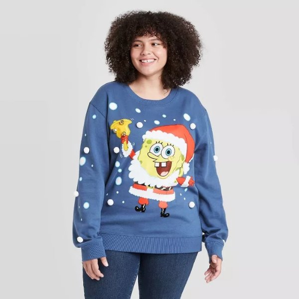 Women's Nickelodeon Spongebob Santa Holiday Sweatshirt - Dark Blue
