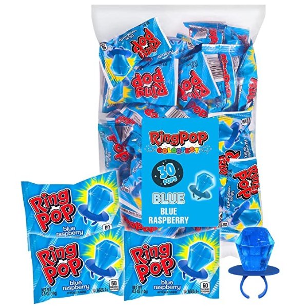 Ring Pop Individually Wrapped Blue Raspberry 30 Count Bulk Lollipop Summer Pack – Raspberry Flavored Lollipop Suckers - Fun Summer Candy For Party Favors, 4th of July Snacks, Bachelorette Parties & Goodie Bags
